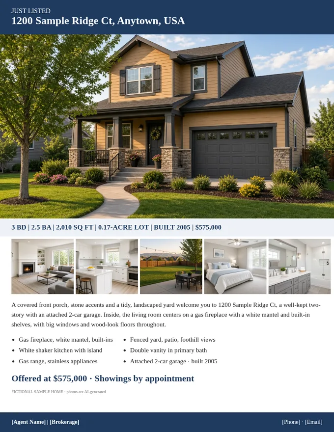 Classic flyer for a fictional 3-bed two-story: navy header, exterior photo with covered porch and 2-car garage, fact bar, five room photos and price
