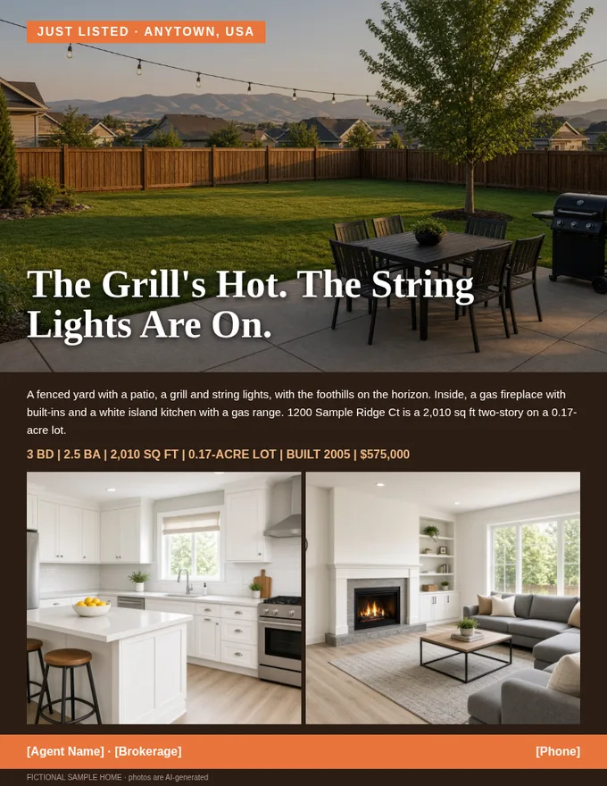 Story flyer: full-bleed photo of a fenced backyard patio with a grill and string lights under the headline The Grill's Hot. The String Lights Are On.