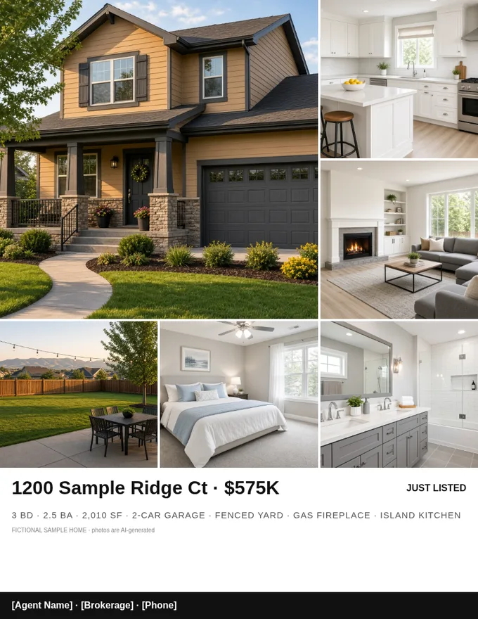Snapshot flyer: photo grid of exterior, kitchen, living room, backyard, bedroom and bath with a one-line fact strip